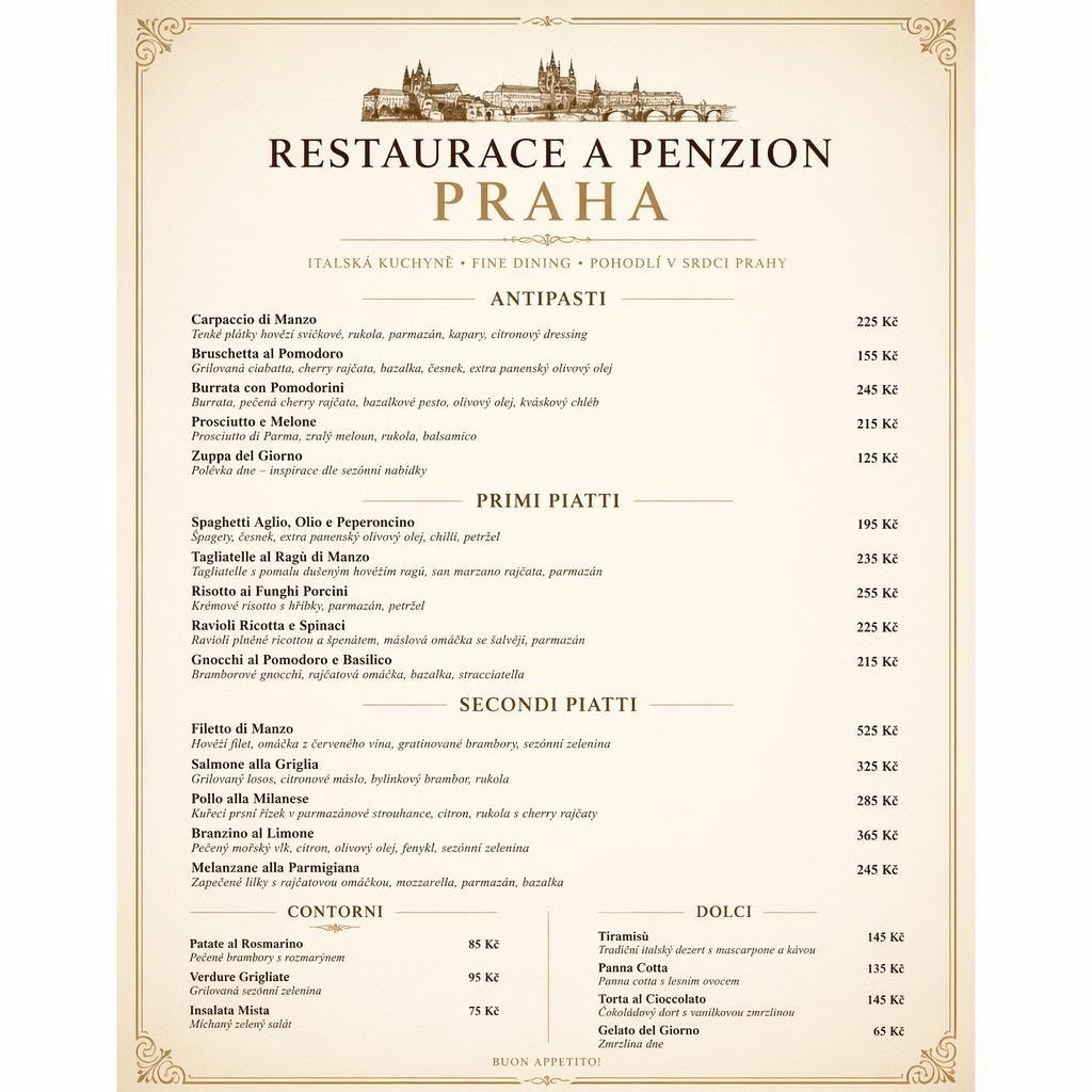A4 menu karta pro italskou restauraci v luxusním stylu, teplá zemitá paleta, sekce, ceny a dekorativní záhlaví.