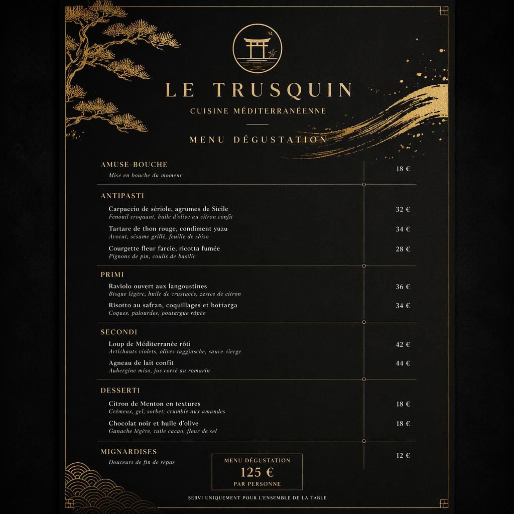 Carte de menu dégustation A4 en portrait, noir et or, style kaiseki japonais, avec en-tête décoratif et colonne de prix.