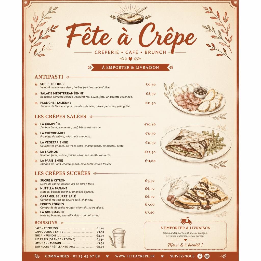 Carte de menu A4 verticale pour café brunch, style rustique chaud crème et rouille, avec en-tête décoratif, sections et prix.