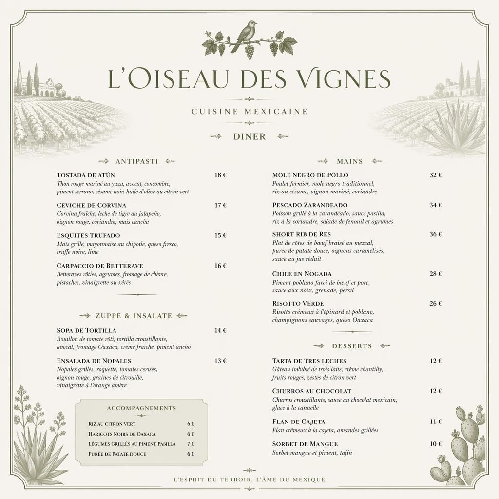 Carte de menu A4 portrait au style gastronomique luxe, palette sauge et ivoire, en-tête décoratif, sections et colonne de prix.