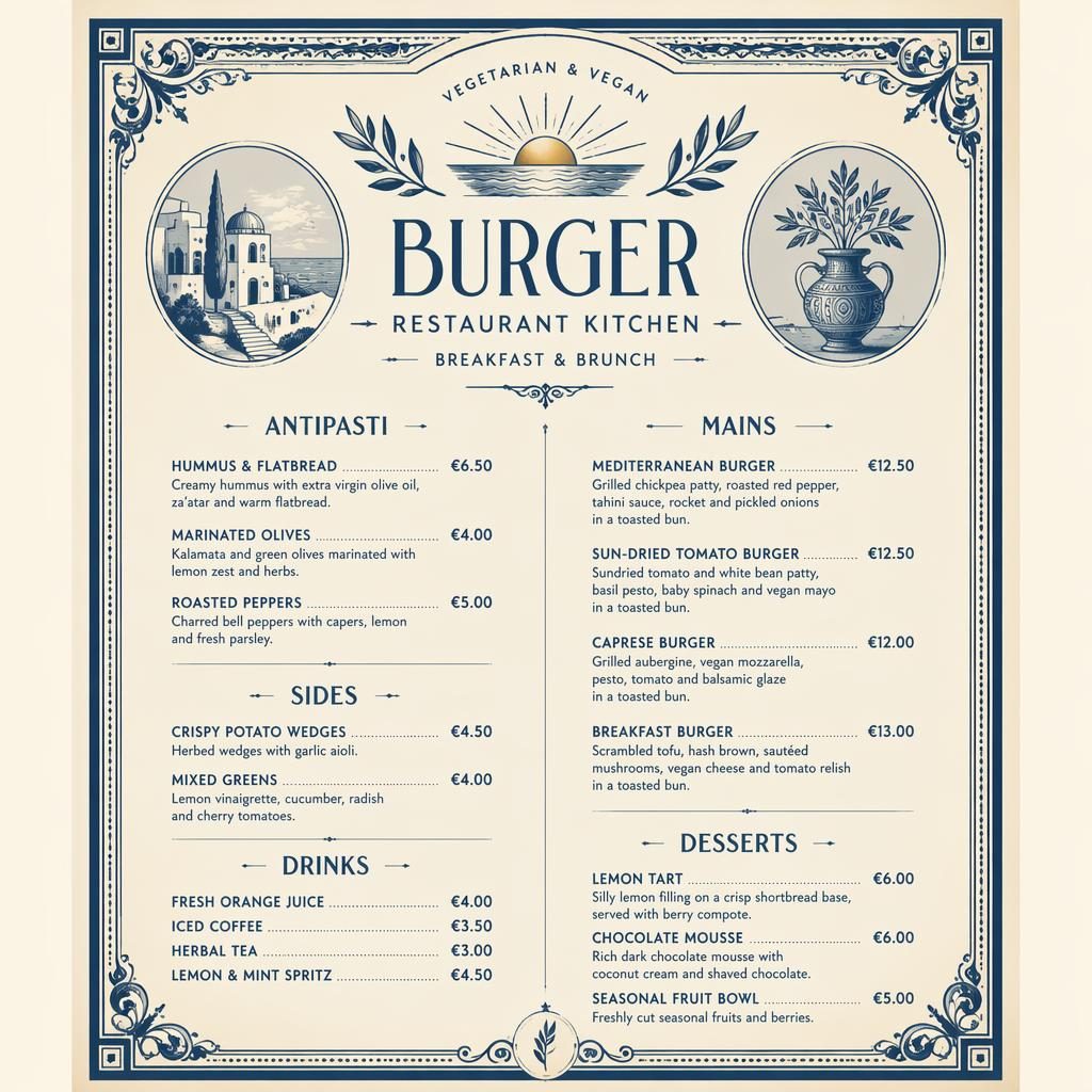 A4 portrait vegan breakfast brunch menu card in vintage 1920s style with blue and cream palette, header, sections, and prices.