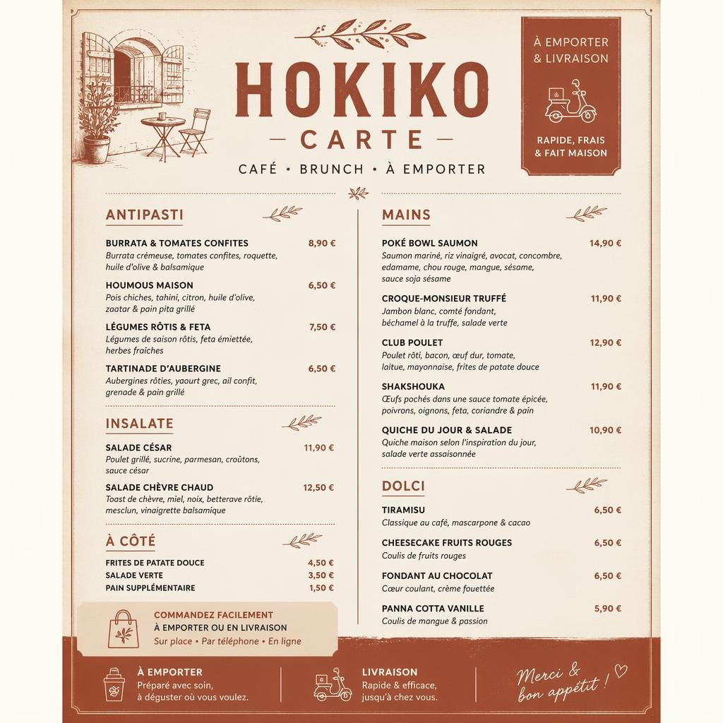 Carte de menu A4 portrait hokiko carte, style rustique crème et rouille, sections, plats fictifs et colonne de prix.