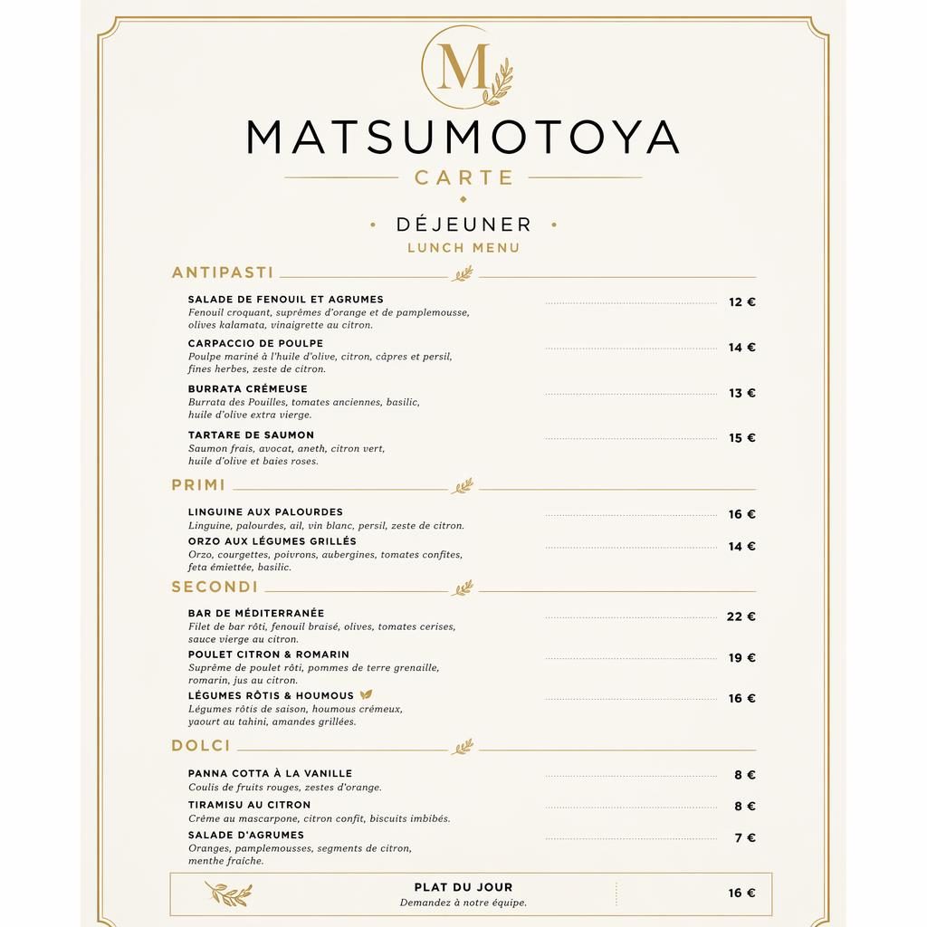 Carte menu déjeuner A4 portrait minimaliste suisse noir et or, sections antipasti, plats, desserts et colonne de prix.