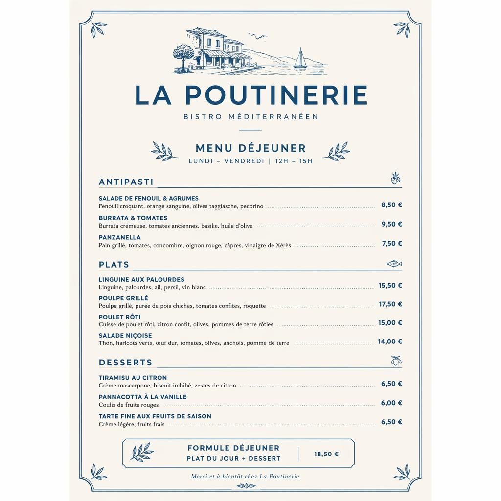 Carte déjeuner A4 portrait pour restaurant la poutinerie, style suisse minimal bleu méditerranéen et crème.