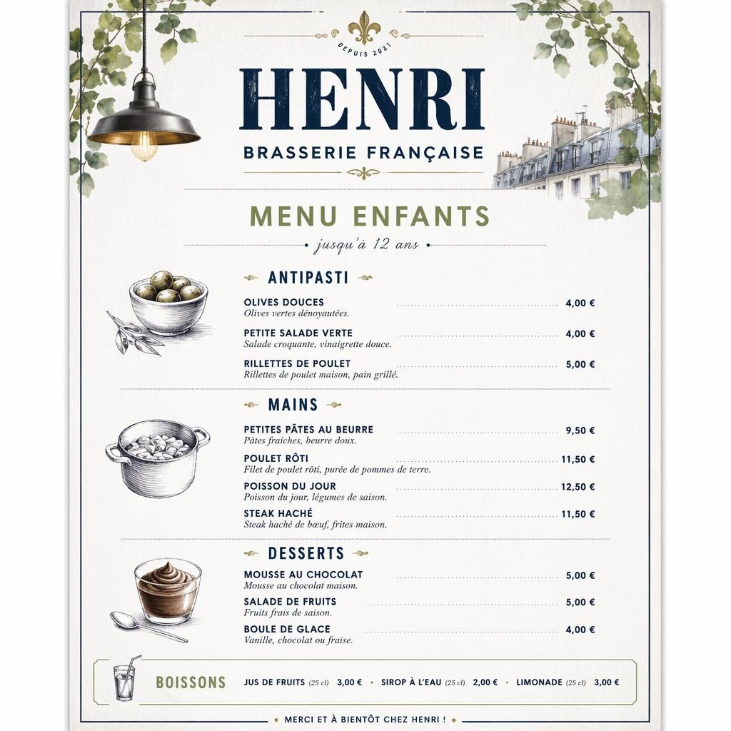 Carte menu enfant A4 en portrait pour restaurant henri brasserie française, style loft industriel, palette printanière.