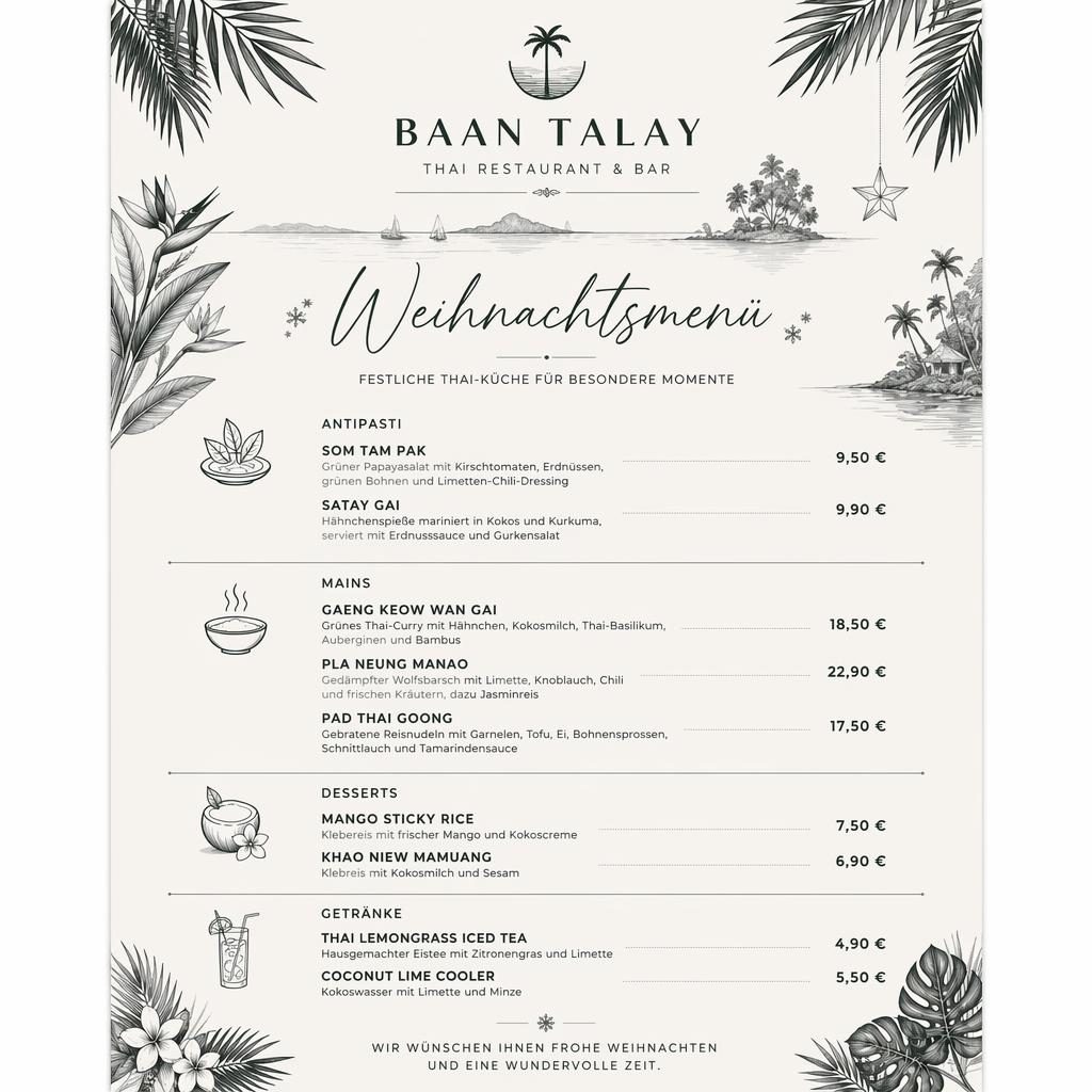 A4-Menükarte im Hochformat im Thai-Resort-Stil, monochrom, mit Zierkopf, Rubriken, Platzhaltergerichten und Preisen