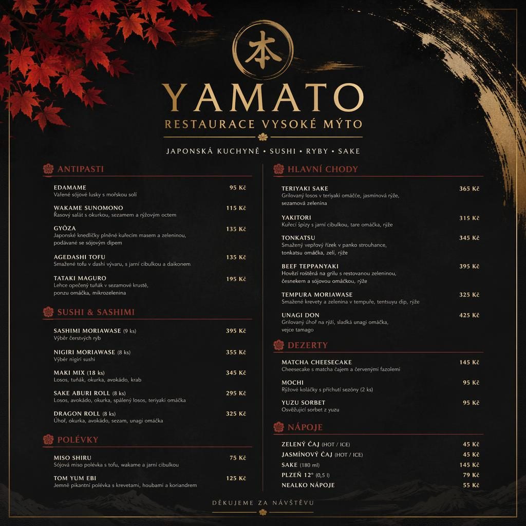 A4 menu karta pro sushi restauraci ve stylu fine dining, podzimní paleta, dekorativní záhlaví a sloupec s cenami.