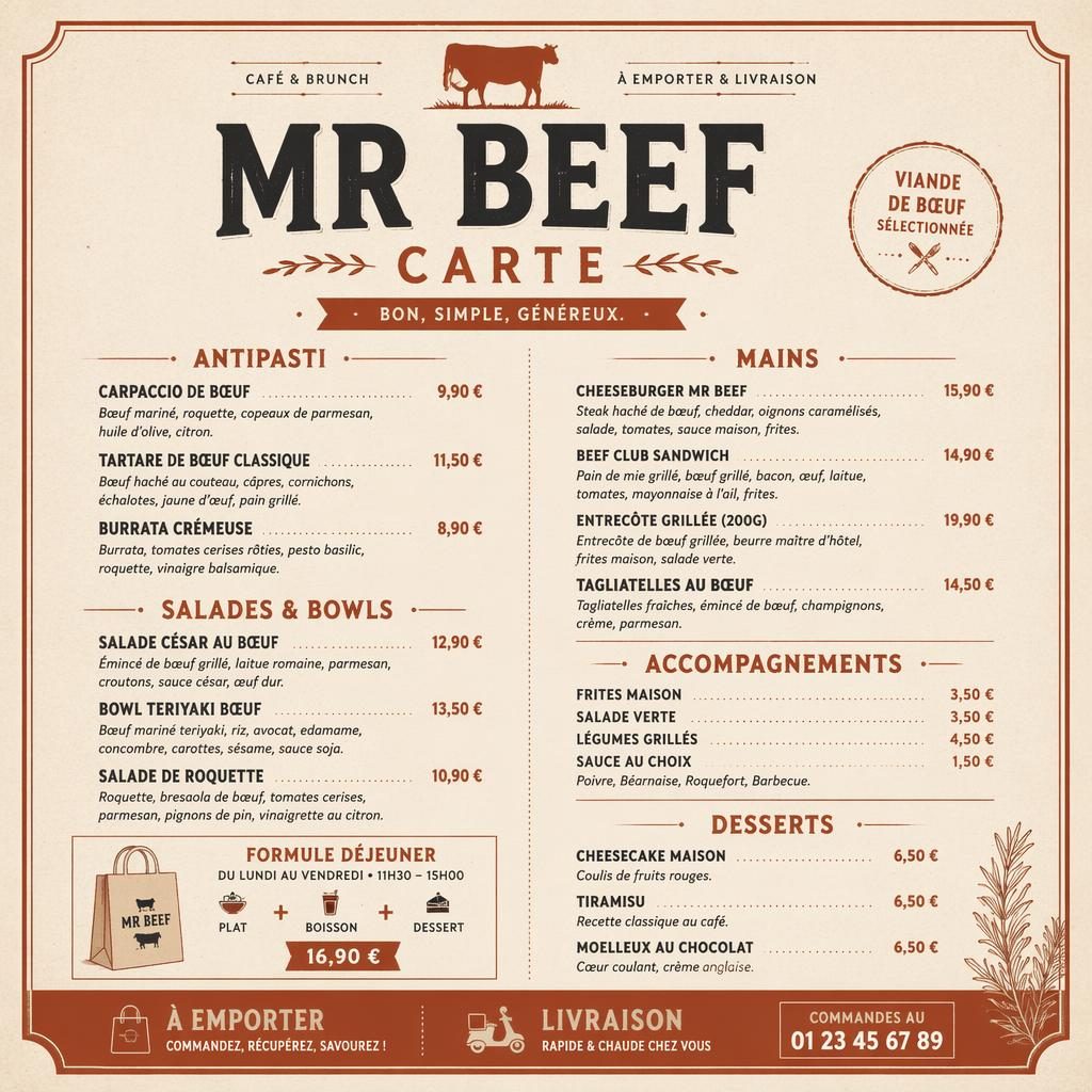 Carte menu A4 en portrait, style rustique crème et rouille, avec en-tête décoratif, sections, plats et colonne de prix.
