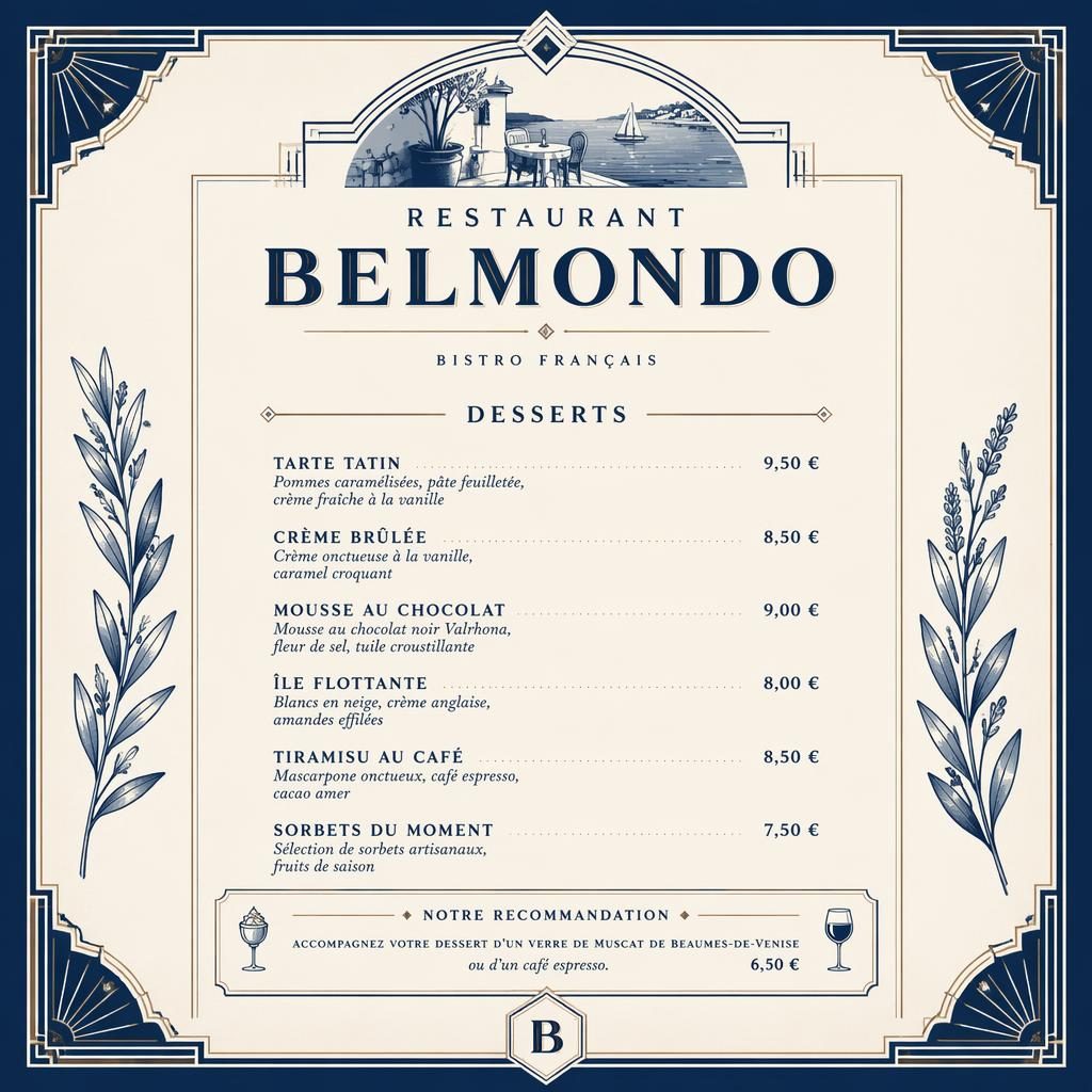 A4-Dessertkarte für restaurant belmondo im Art-Déco-Stil, mediterran blau-creme, mit Zierkopf, Platzhaltertext und Preisspalte
