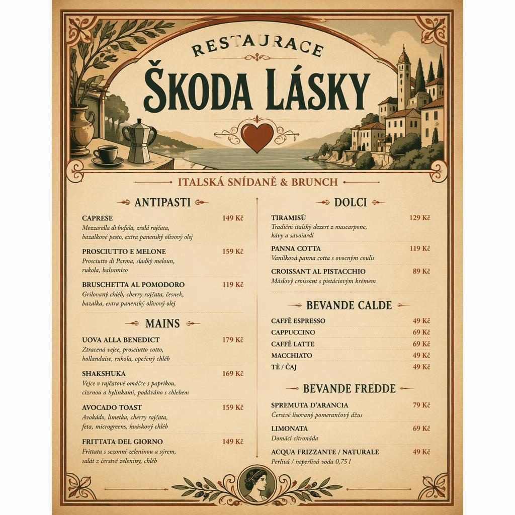 A4 menu karta na výšku pro restaurace škoda lásky v italském stylu, vintage 20. léta, teplé zemité tóny a ceny.