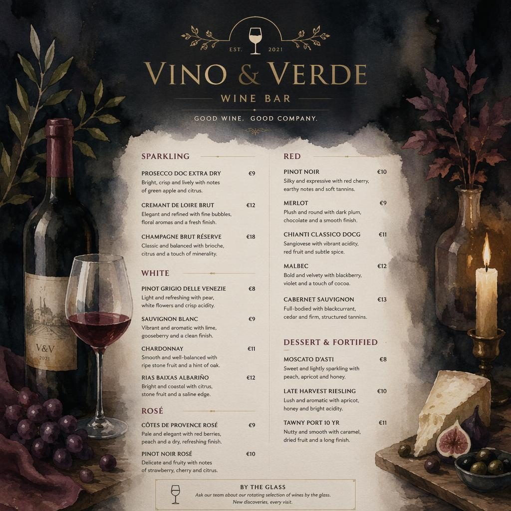 Print-ready menu card for design drink (wine bar). Menu kind: wine list. Sample items: design drink. Style: watercolor c