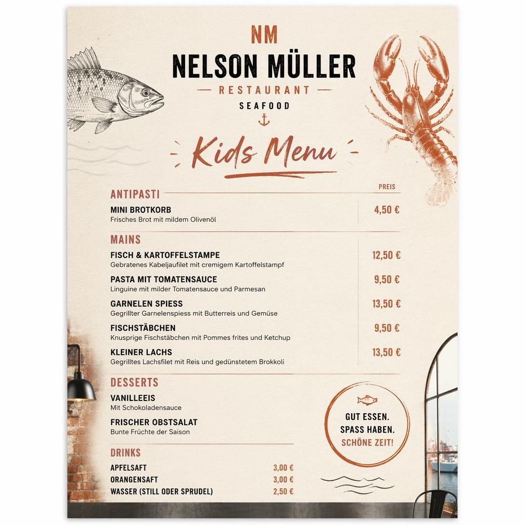 A4-Kinderkarte für ein Seafood-Restaurant mit dekorativem Header, warmen Creme- und Rosttönen, Preis-Spalte und klarer Typografie