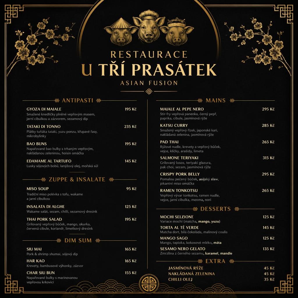 Luxusní A4 menu restaurace u tří prasátek v černo-zlatém stylu s hlavičkou, sekcemi jídel a sloupcem cen.