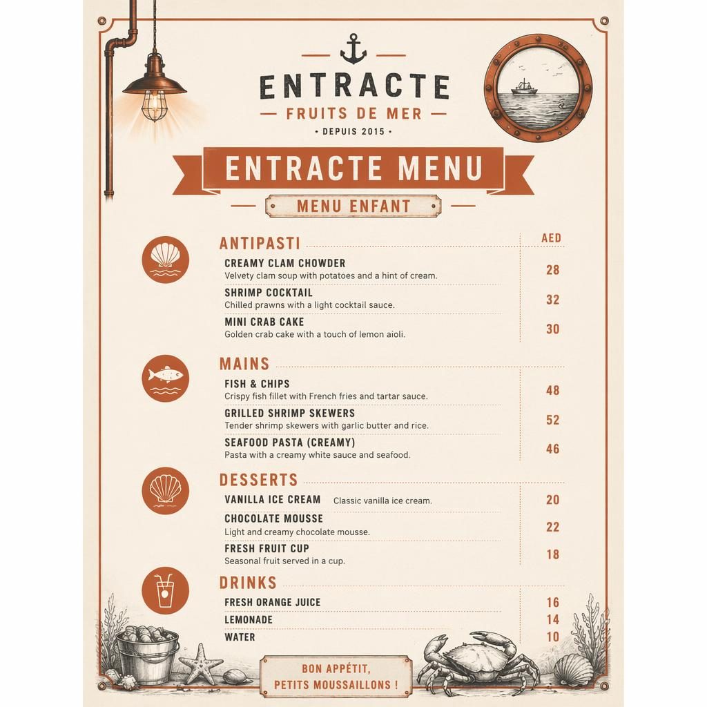 Carte de menu enfant A4 portrait, thème fruits de mer, style loft industriel crème chaud et rouille, avec en-tête décoratif et colonne de prix.