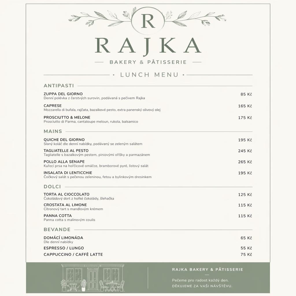 Minimalistická menu karta A4 pro rajka menu v švýcarském stylu, šalvějová a krémová paleta, sekce a ceny.