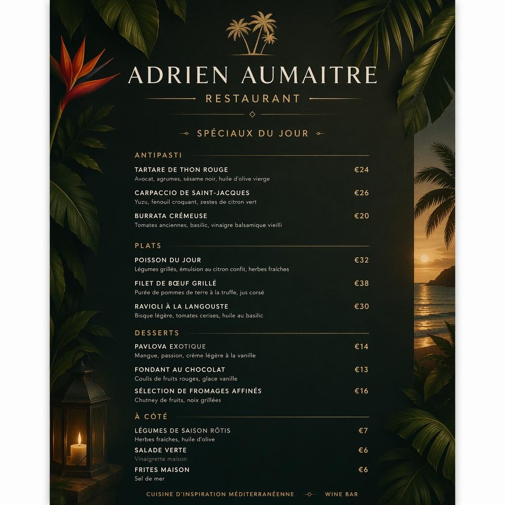 Carte de menu A4 portrait pour adrien aumaitre restaurant, style tropical sombre, en-tête décoratif, rubriques et prix.
