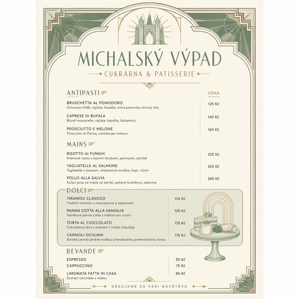 A4 dezertní menu karta ve stylu art deco v šalvějové a slonovinové barvě s dekorativní hlavičkou a cenami.
