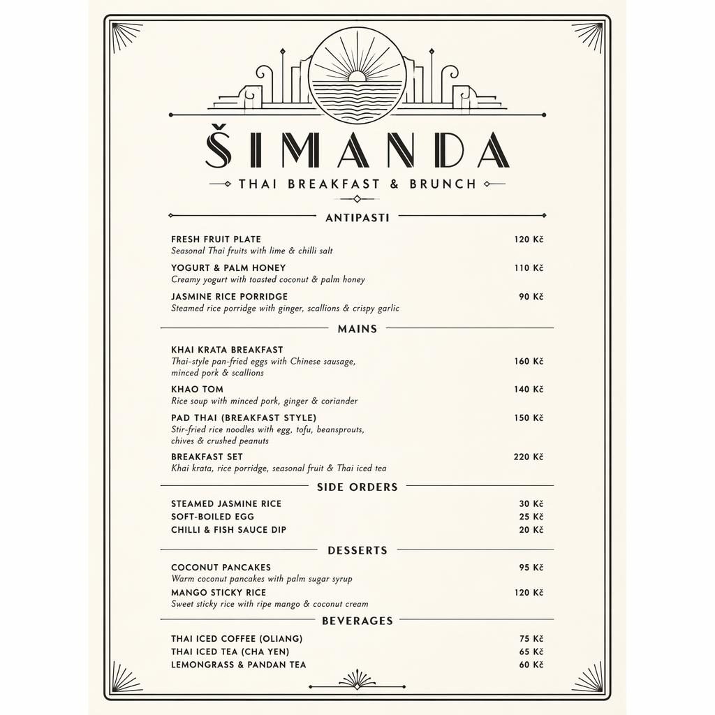 A4 menu karta pro šimanda v thajském stylu, vintage 20. léta, monochromní vzhled, dekorativní hlavička a ceny