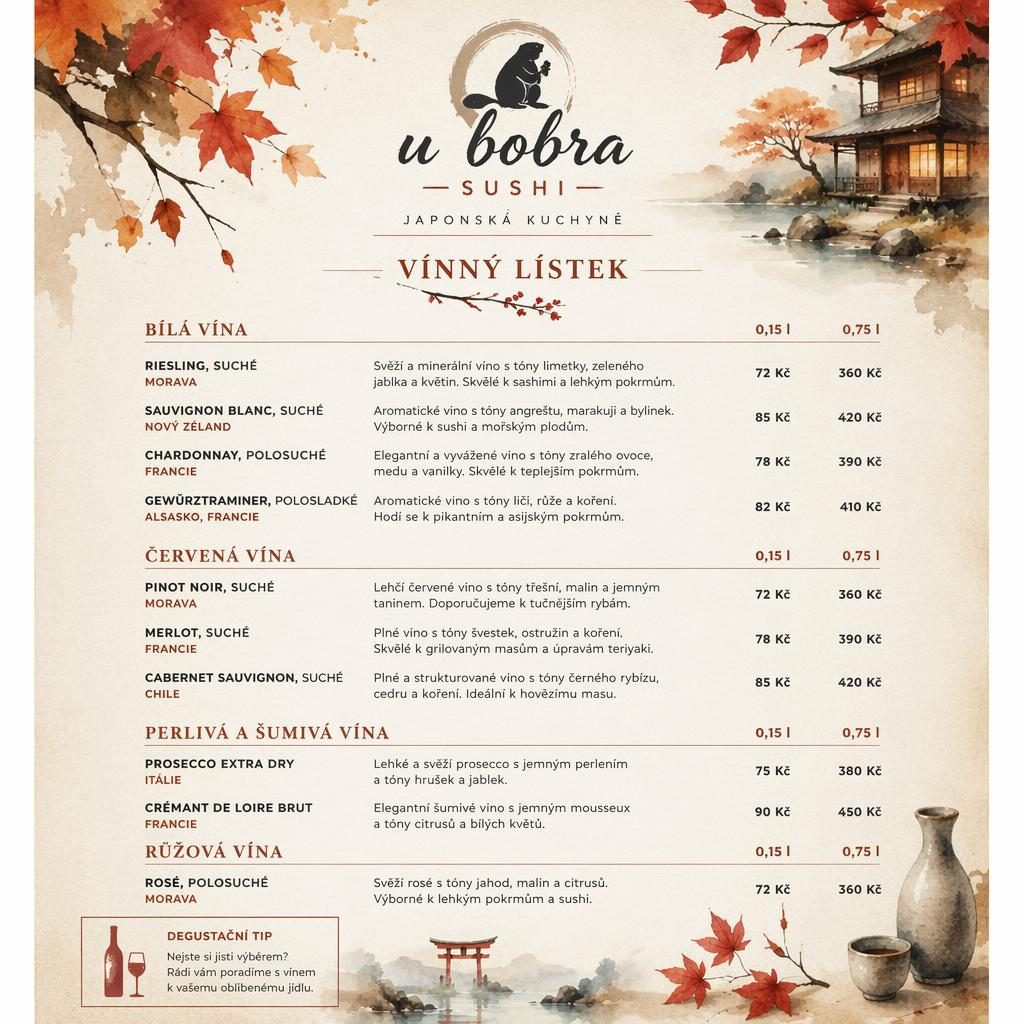 Tisková menu karta A4 na výšku pro u bobra menu, vinný lístek v akvarelovém podzimním stylu s cenami.