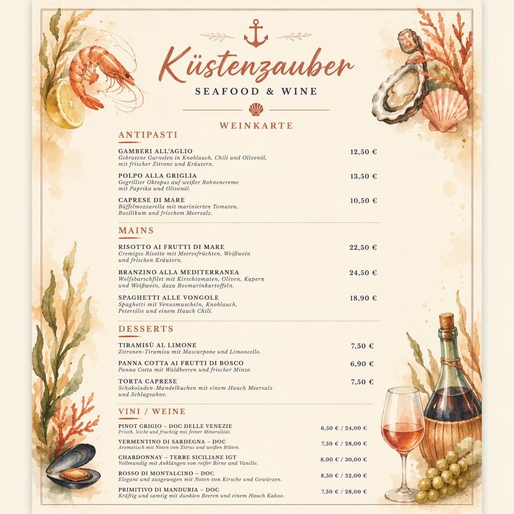 A4-Menükarte im Aquarellstil in Creme und Rost, mit Weinliste, Seafood-Gerichten, Deko-Kopfzeile und Preisspalte.