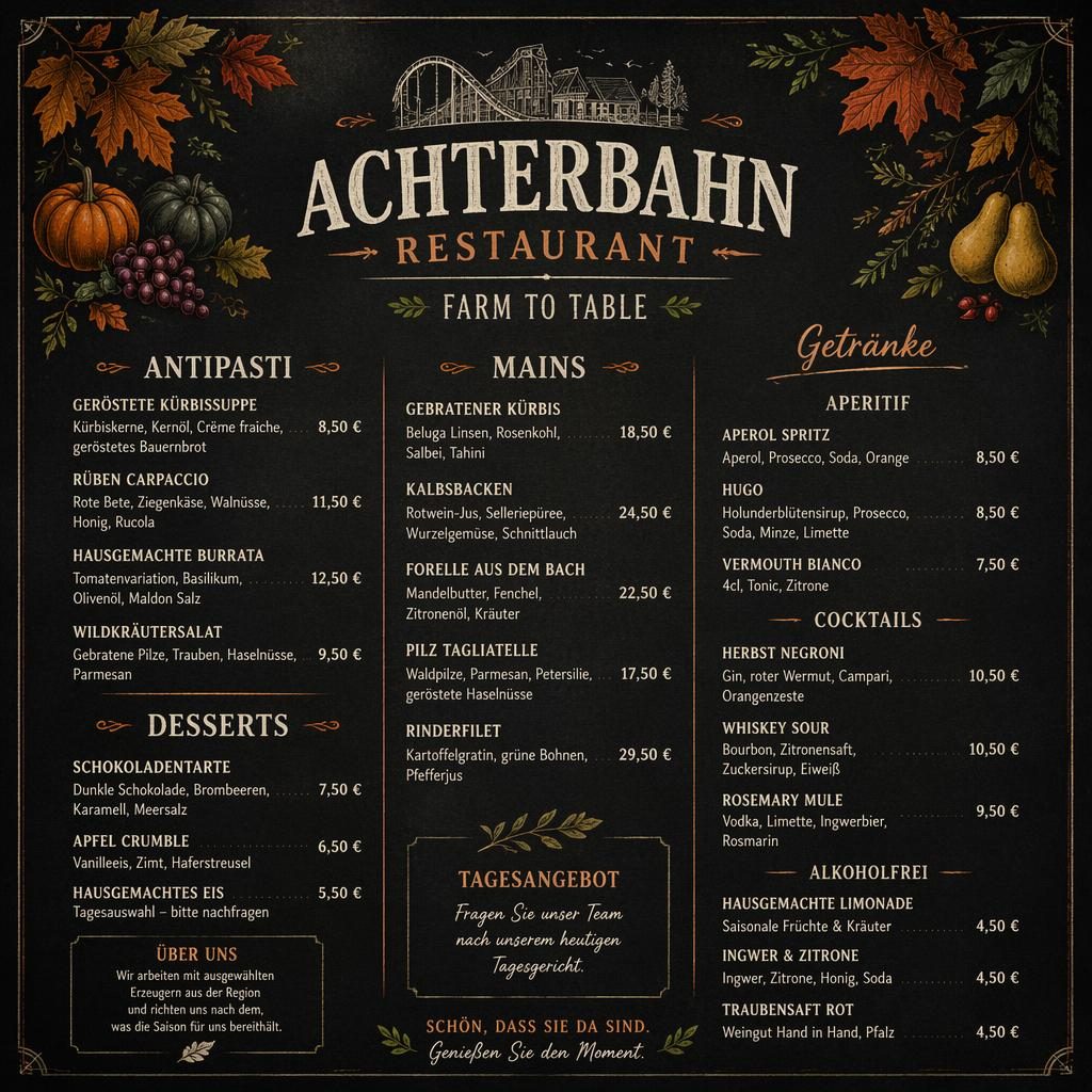 A4-Getränke- und Cocktailkarte von achterbahn restaurant im Kreidetafel-Stil mit herbstlicher Farbpalette, Preisspalte
