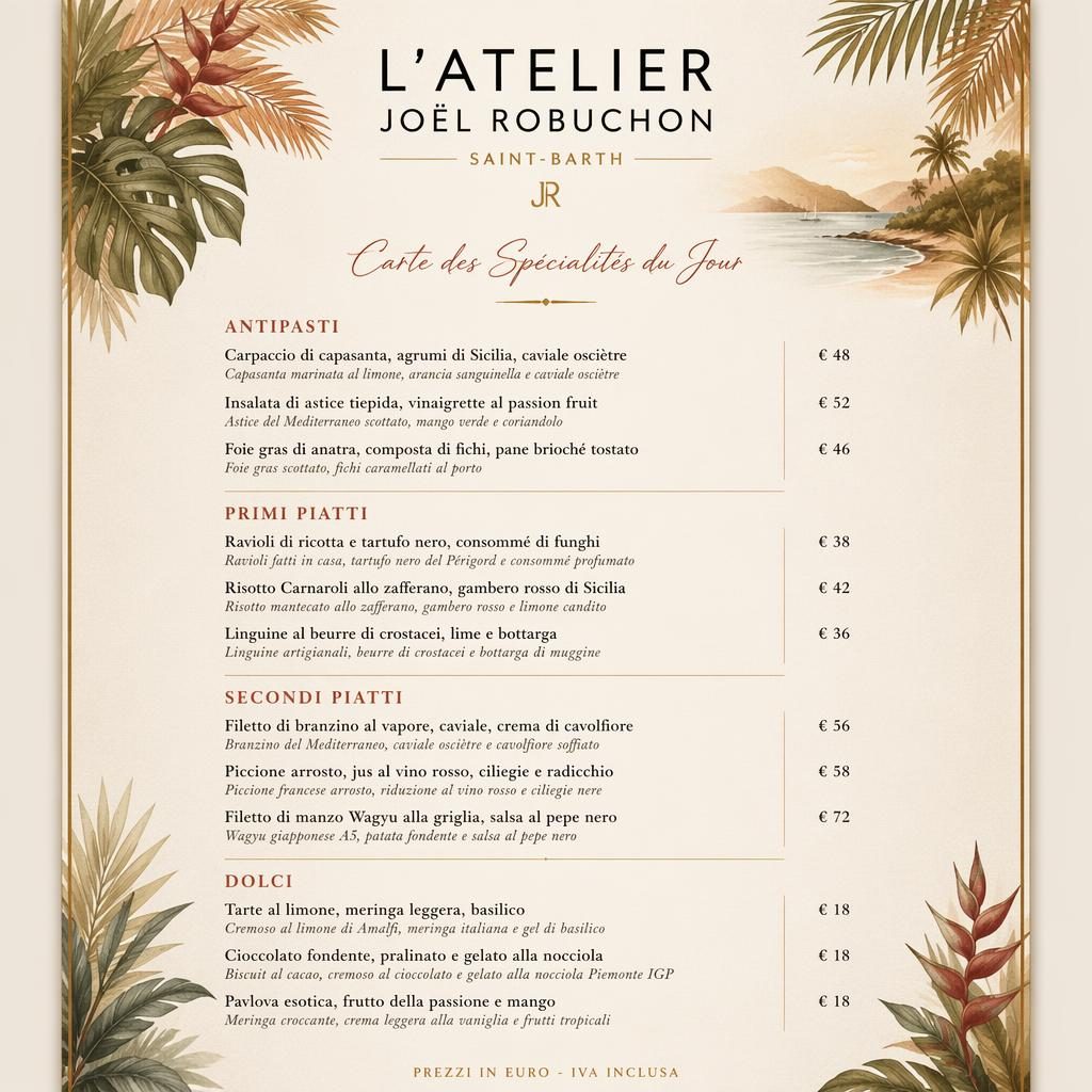 Carte menu italienne A4 en portrait, style resort tropical, tons terre chauds, rubriques, plats, descriptions et colonne de prix.