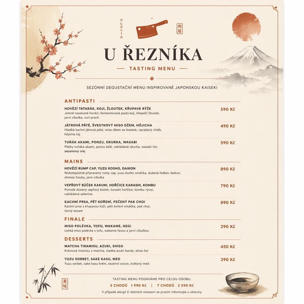 Tisková A4 menu karta u řezníka menu v teplé krémové a rezavé paletě, s dekorativní hlavičkou a sloupcem cen.