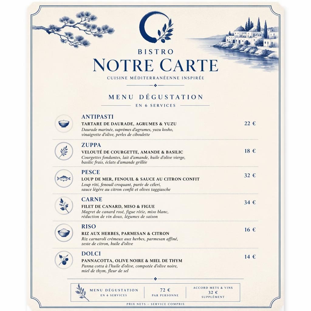 Carte de menu A4 portrait pour bistrot français, style kaiseki, tons bleu et crème, rubriques, plats, prix et en-tête décoratif.