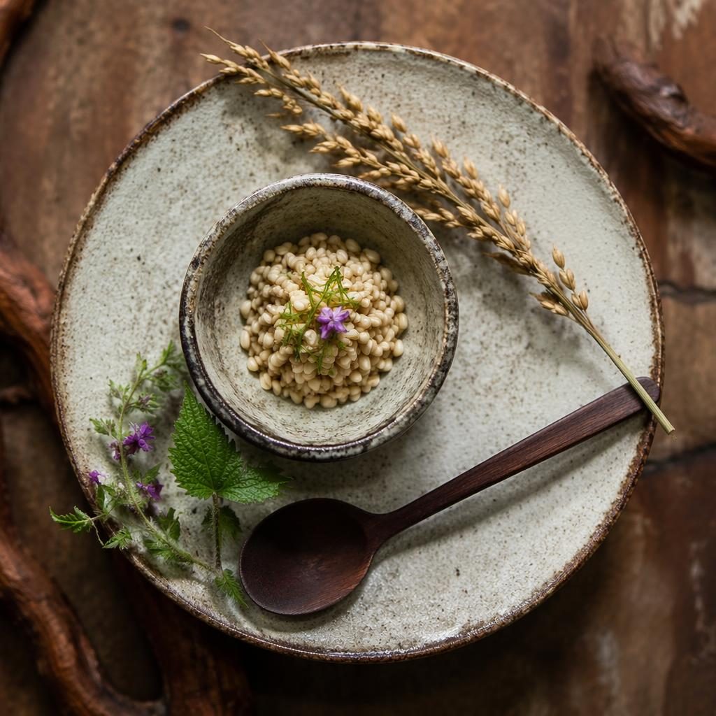 Top-down editorial food photo of a Japanese kaiseki-style cereal dish with precise plating in a rustic earthy setting.