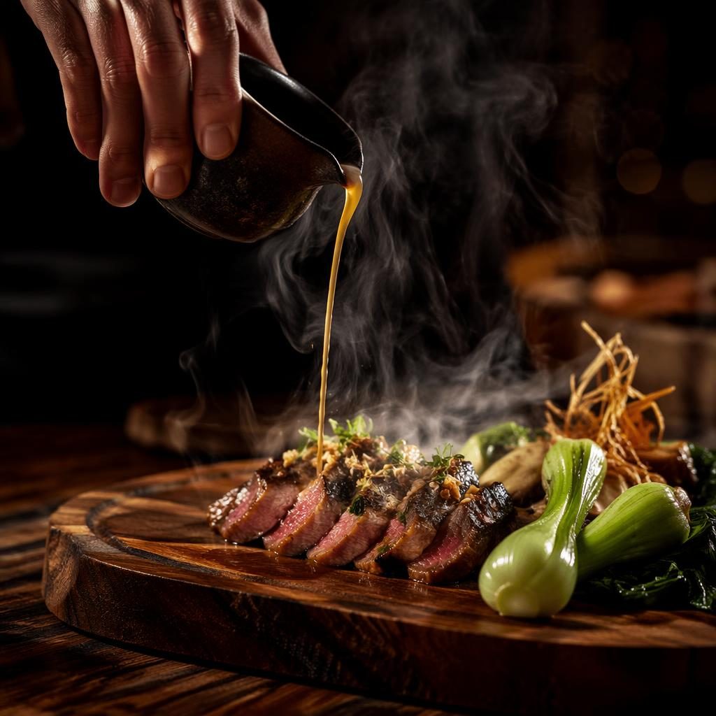 Plato de cocina asian fusion sobre madera, con vertido o vapor en acción, luz natural y fondo desenfocado.