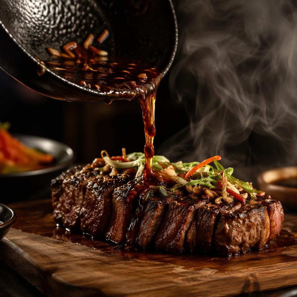 Editorial photo of a big juicy Asian fusion steak on a wooden plate with steam, dark moody lighting, sharp focus.