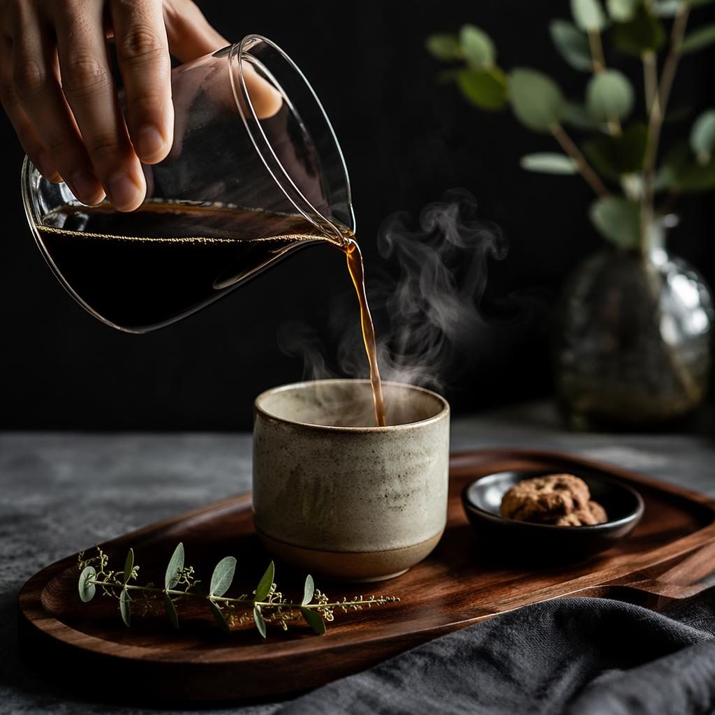 Dark moody editorial photo of a modern bistro drink being poured, with steam, sharp focus, and a blurred restaurant background.