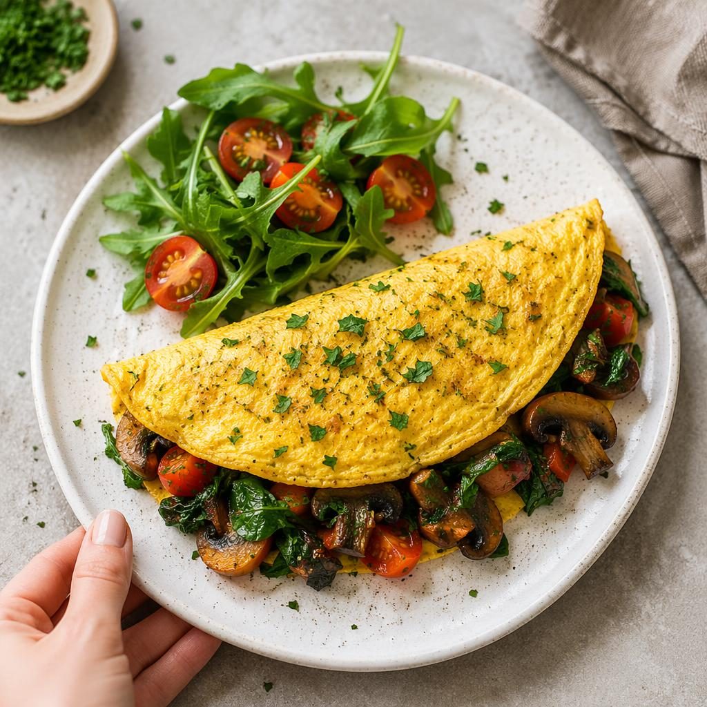 Overhead editorial photo of a vegan omelette on a classic ceramic plate with hands in frame, bright natural light.