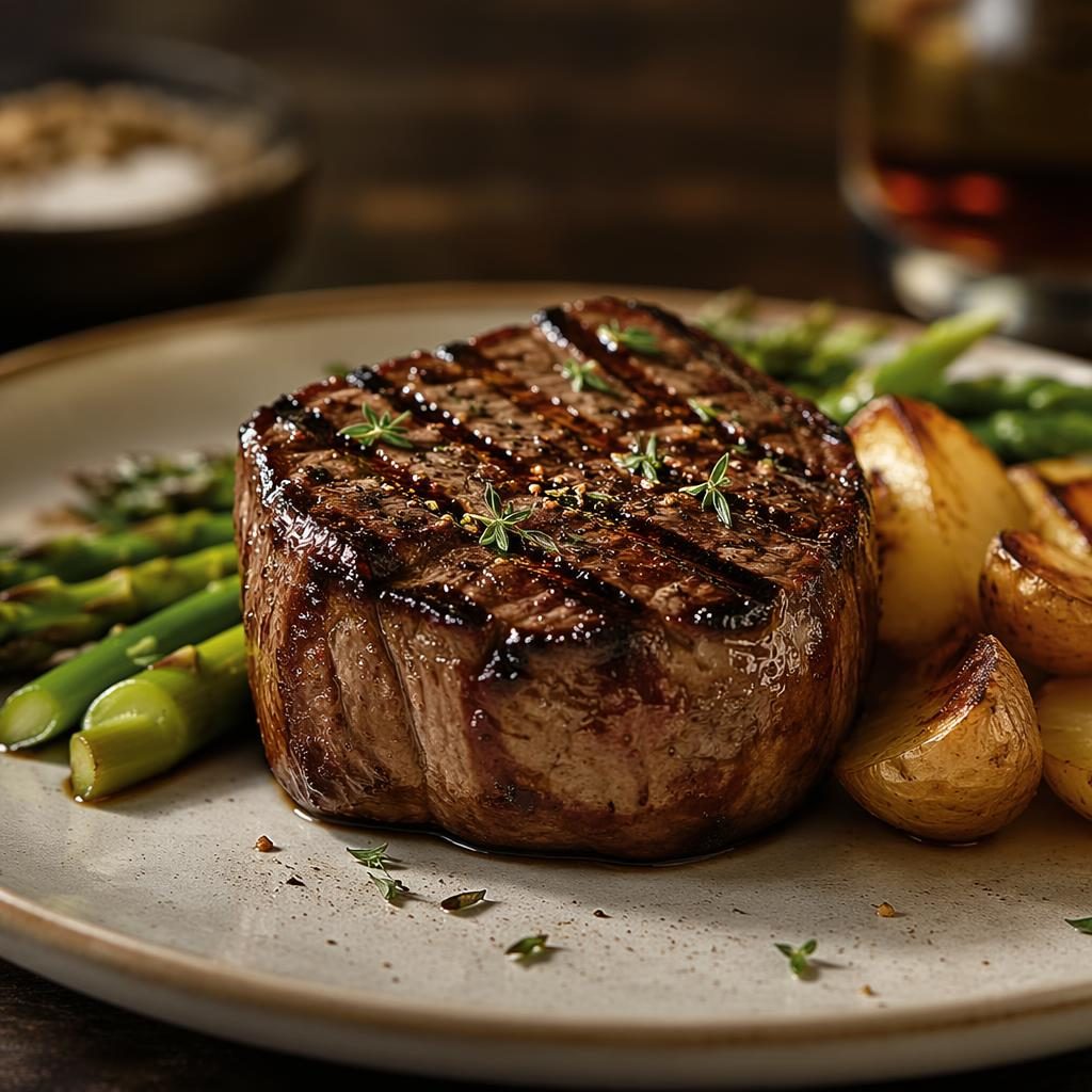 Straight-on editorial photo of a Michelin-style steakhouse dish with precise plating in soft natural light.