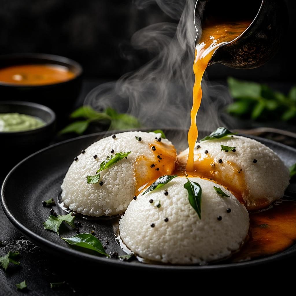 Editorial idli photography with precise fusion plating, dramatic steam, dark moody lighting, and blurred restaurant background