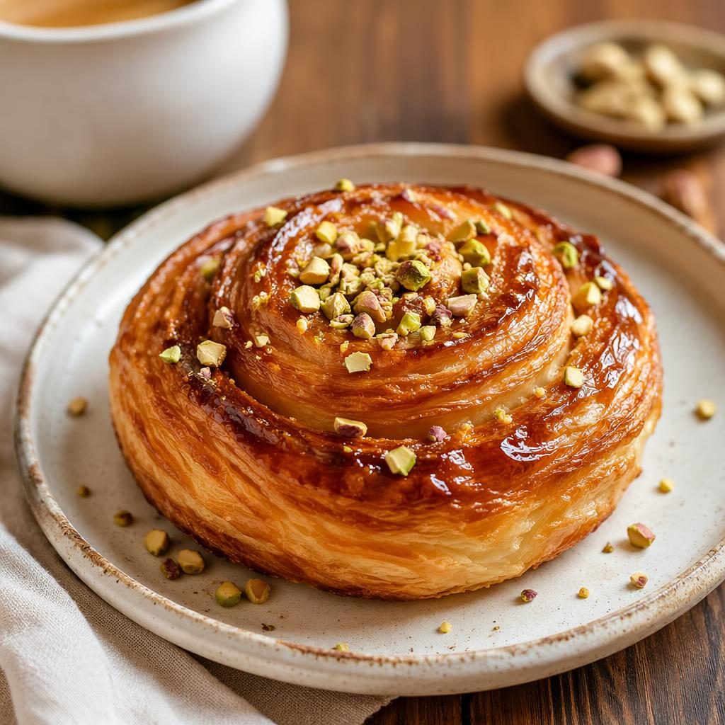 Gros plan macro d’une pâtisserie sur assiette en céramique classique, lumière naturelle chaude et fond flou.