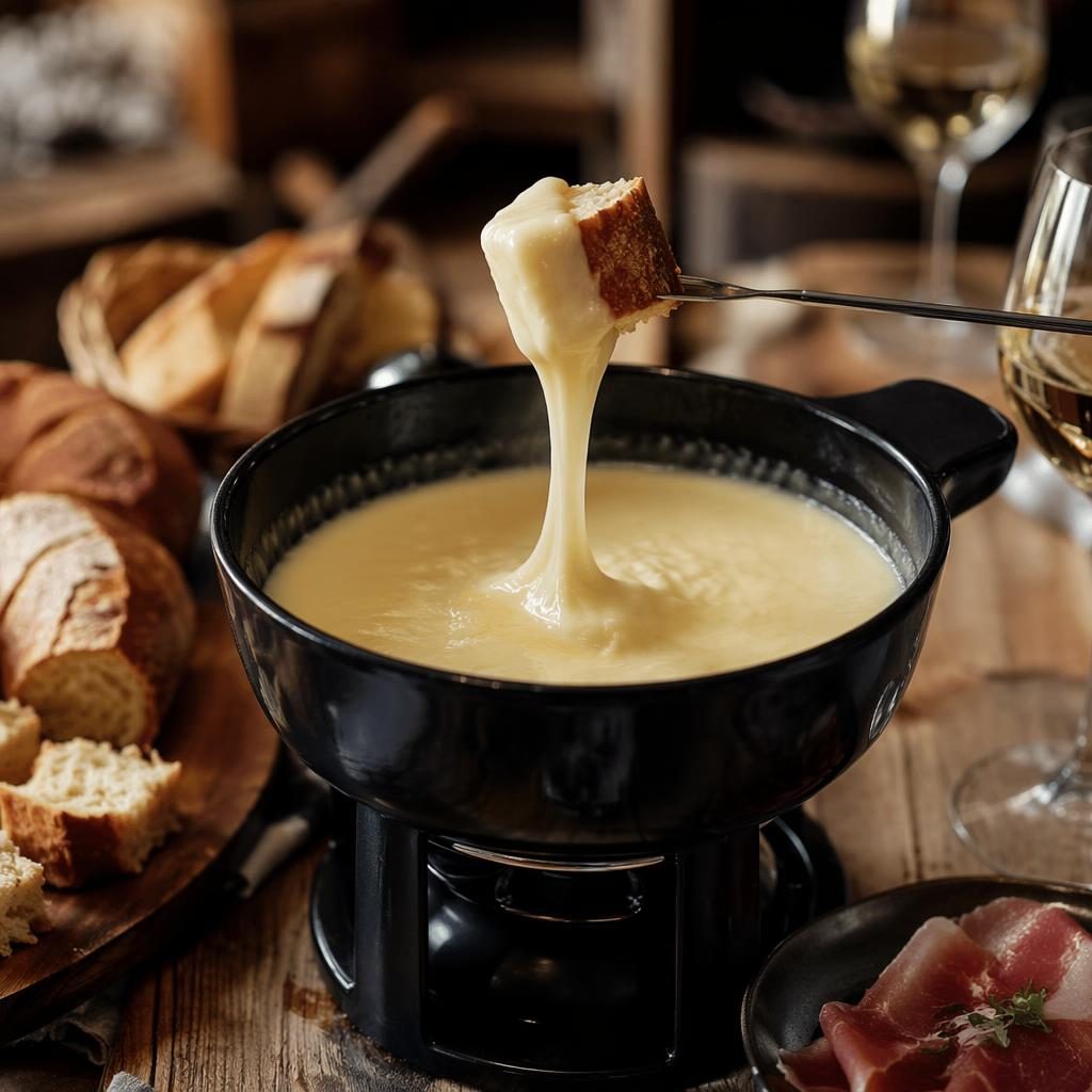 Fondue savoyarde servie dans un cadre de café chic, angle à 45°, lumière naturelle, fond flou élégant.