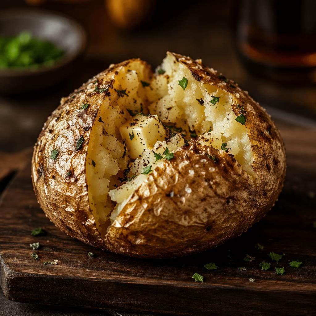 Straight-on editorial photo of a plated potato on a wooden board in cozy natural light with a blurred restaurant background.