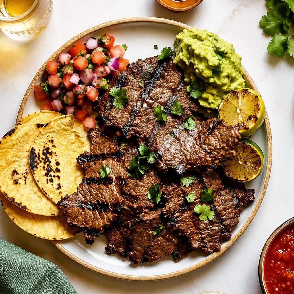 Vista cenital con manos de plato vegano estilo carne asada, emplatado casero, luz natural y fondo desenfocado