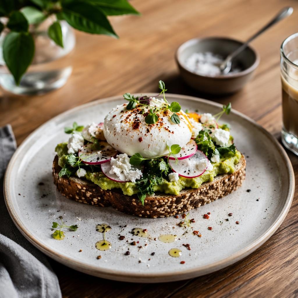 Plato de café casual con emplatado artístico, fotografiado a 45 grados con luz natural y fondo desenfocado