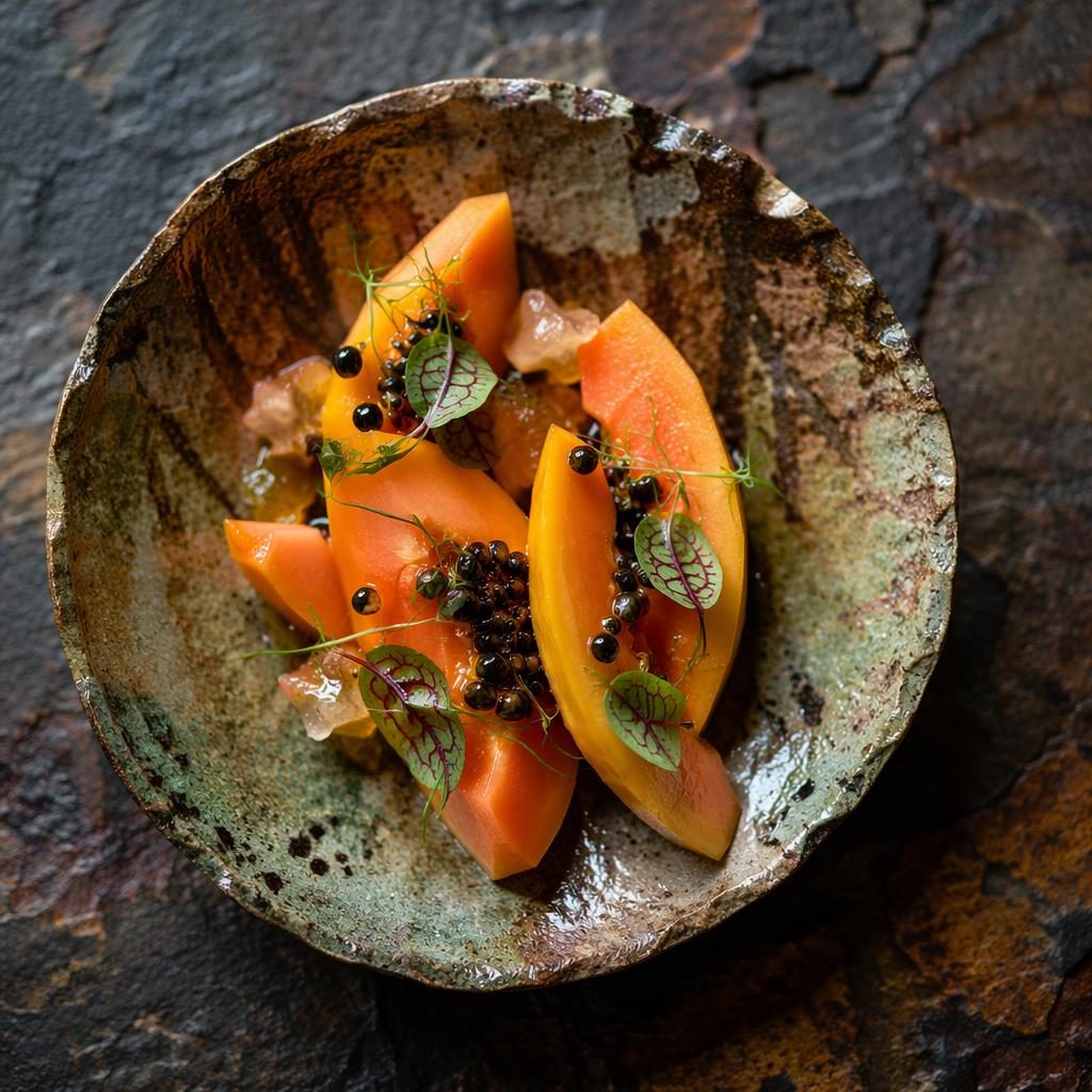 Top-down editorial photo of a Japanese kaiseki dish with papaya, precision plating, earthy rustic styling, and soft natural light.