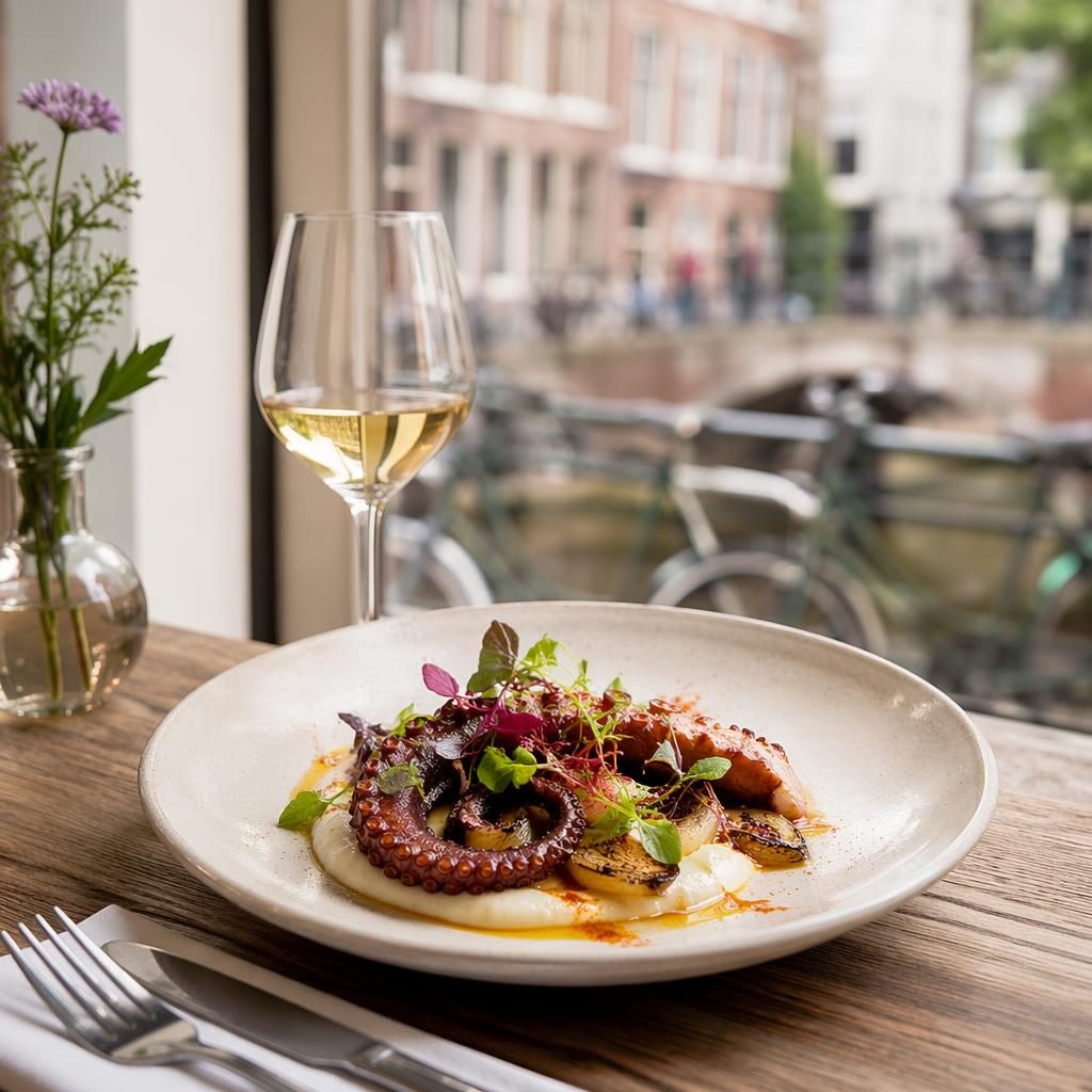 Modern bistrogerecht op minimalistisch bord in stijlvol Amsterdams restaurant, gefotografeerd onder 45 graden.