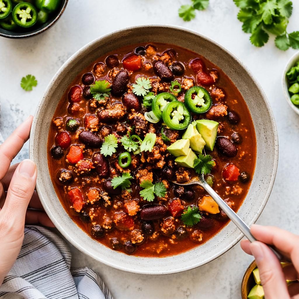 Overhead vegan chili photography with hands framing a homey bowl in bright natural light and an airy kitchen setting.