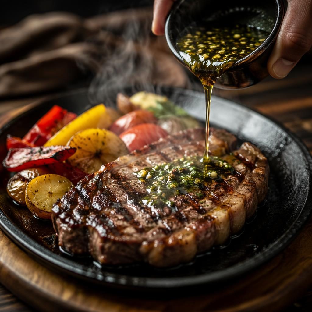 Bistec de carne emplatado en bistró moderno, con vapor y salsa en acción, luz natural y fondo desenfocado.