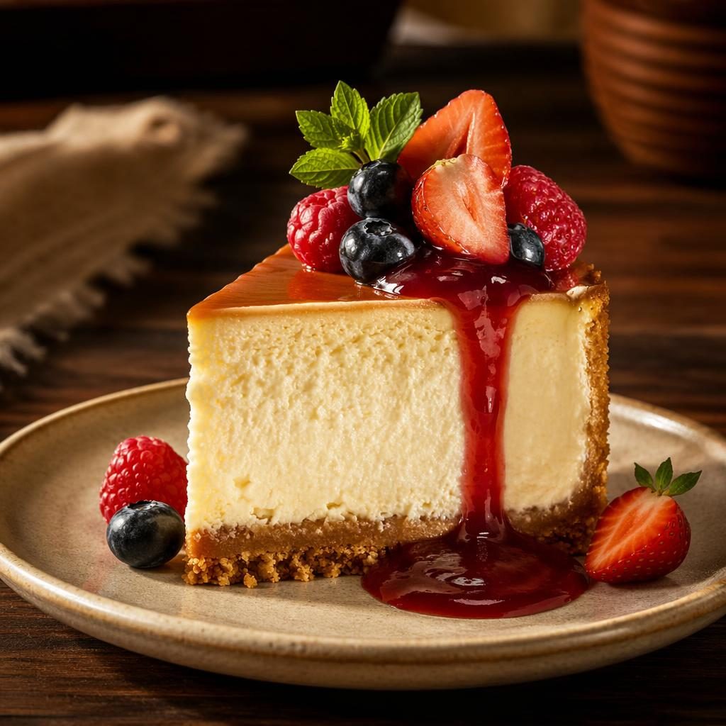 Straight-on editorial photo of a vintage cheesecake with precise plating in a cozy steakhouse setting.