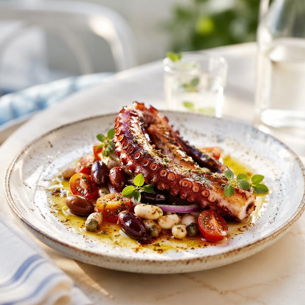 Gestileerd mediterraan gerecht op minimalistisch bord, gefotografeerd onder 45 graden in helder restaurantlicht