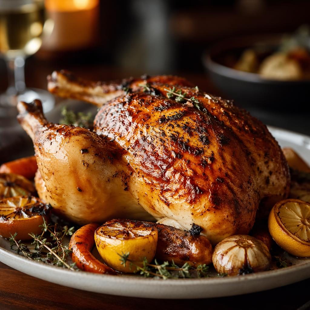 Photo éditoriale d’un plat de poulet dressé avec précision, vue de face, lumière naturelle et fond flou.