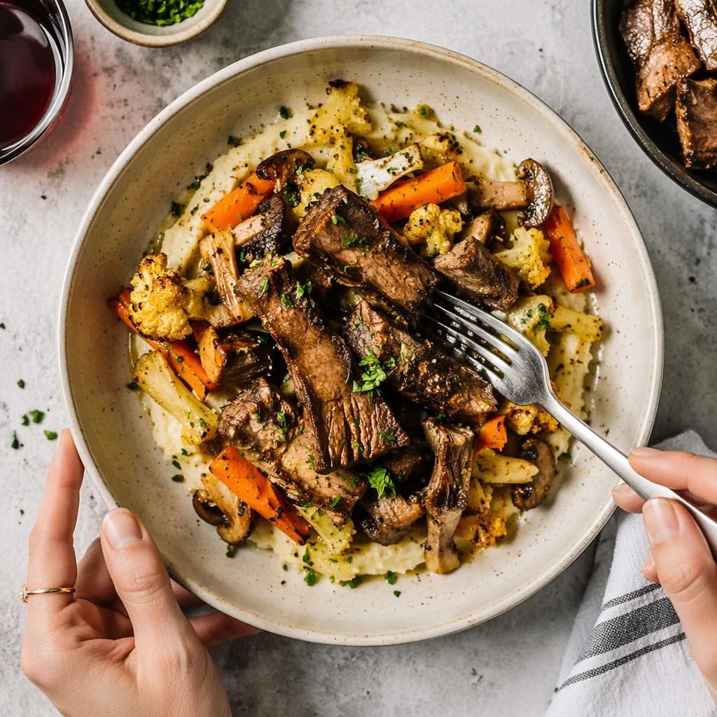 Overhead editorial photo of a plant-based dish with hands in frame, bright natural light and casual homey plating