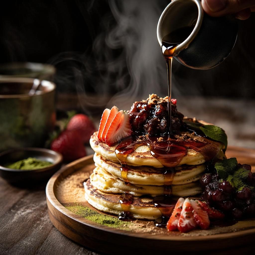 Editorial pancake photography of an Asian fusion dish on wooden plating with dramatic pour action and dark moody light.