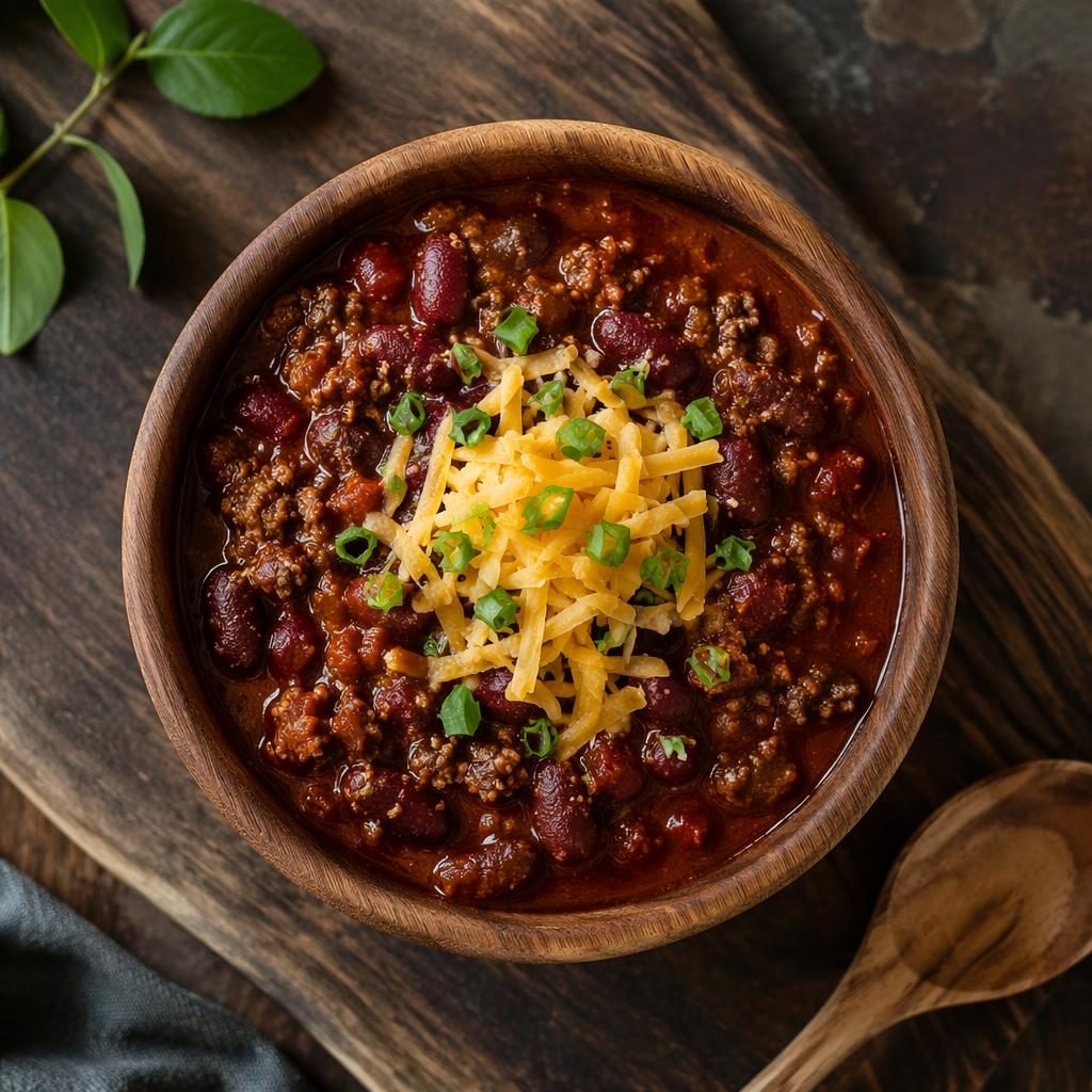 Photo chili con carne en dressage kaiseki japonais, vue de dessus sur plateau en bois, lumière naturelle.